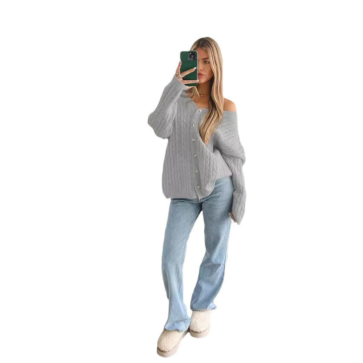 Damen nan Zopfmuster-Cardigan mit V-Ausschnitt, überschnittener Schulter und durchgehender Knopfleiste Drune