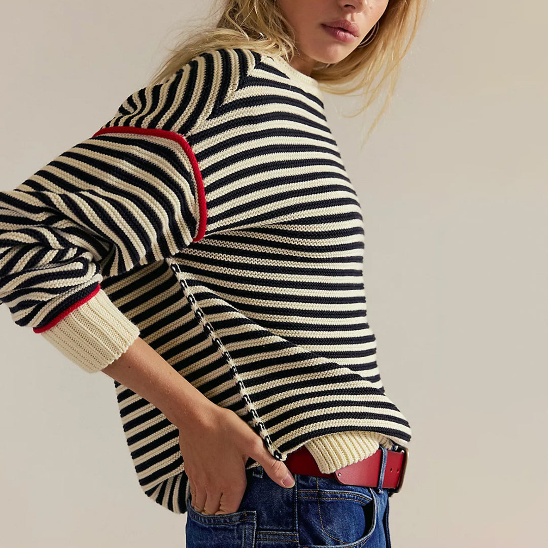Damen Oversize Ringelstrickpullover mit weitem Schnitt, Bündchen & kontrastierenden Paspeln Drune