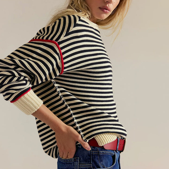 Damen Oversize Ringelstrickpullover mit weitem Schnitt, Bündchen & kontrastierenden Paspeln Drune