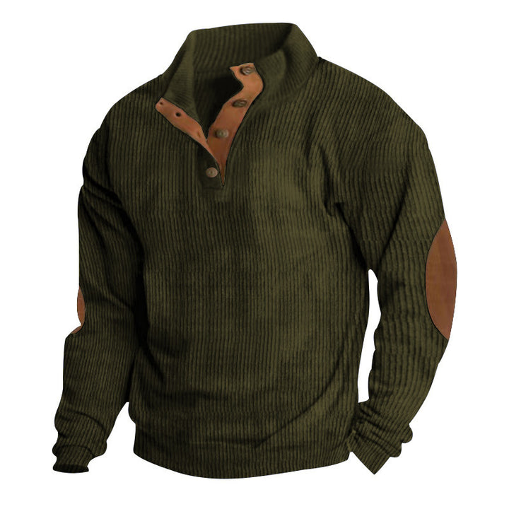 Herren nan rustikaler gerippter Pullover mit Henley-Kragen und lederartigen Ellbogenbesätzen Drune
