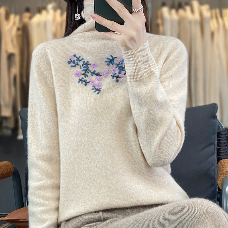 Damen Kaschmir‑Optik Rollkragenpullover mit zarter Blumenstickerei am Brustbereich Drune
