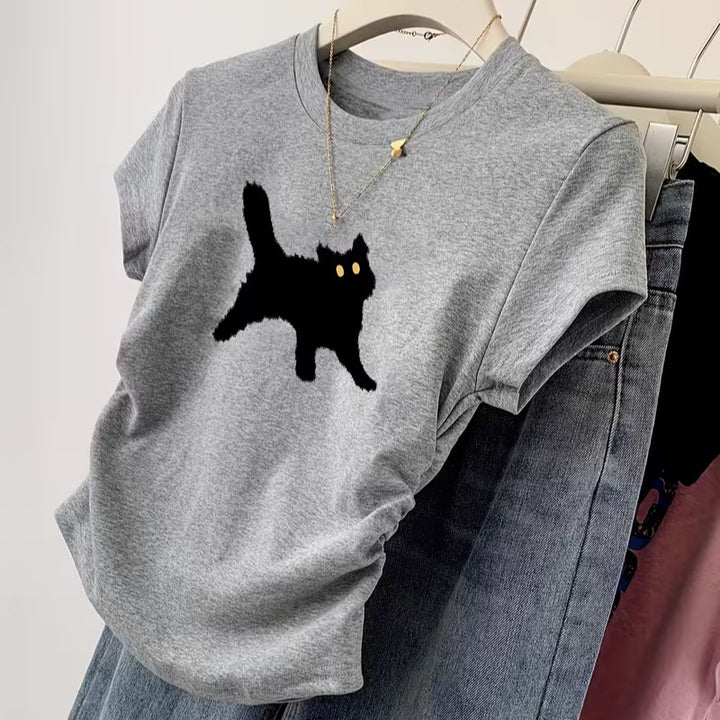 Damen T-Shirt mit kreativem Katzenmotiv und lässigem Schnitt Drune