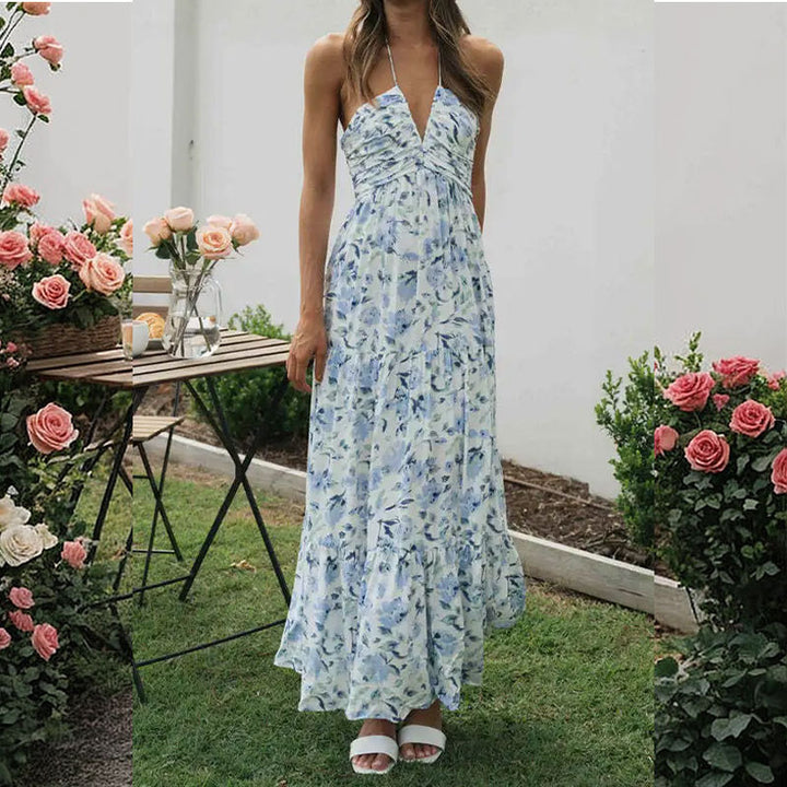 Damen Maxikleid mit tiefem V-Ausschnitt und romantischer Raffung Drune