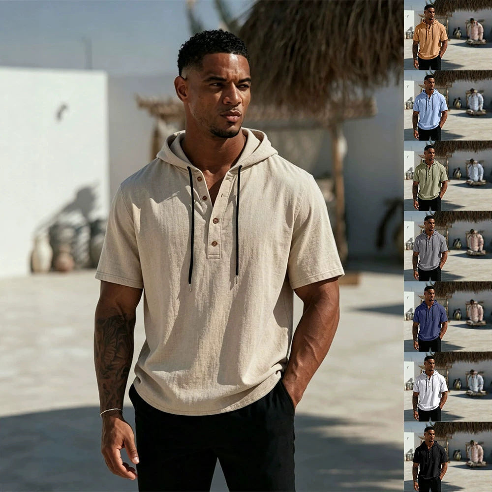 Herren Kurzarm-Hoodie-Henley aus Leinenoptik mit Knopfleiste Drune