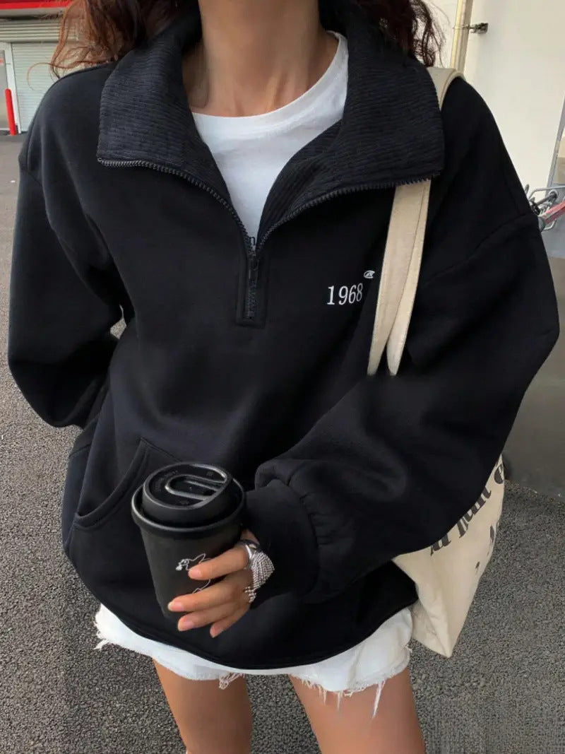 Damen oversized Hoodie mit kurzem Reißverschluss, hohem Stehkragen und Kängurutasche Minimalstick Drune