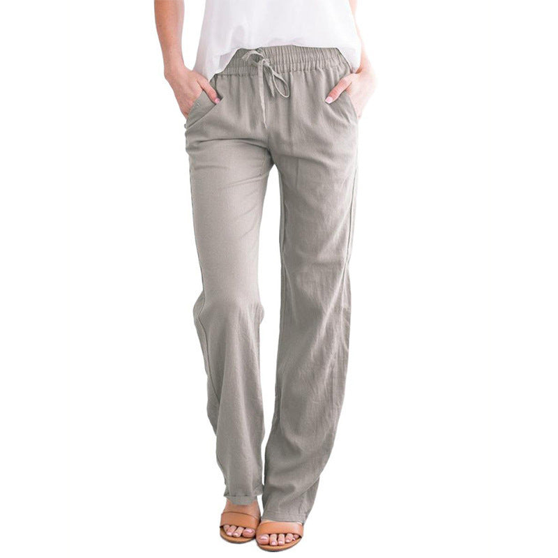 Damen Leichte Leinenoptik Palazzo-Hose mit Gummibund, Tunnelzug und Eingrifftaschen Drune