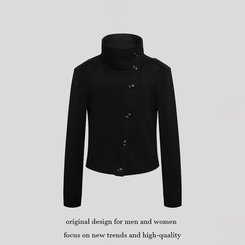 Damen Kurze Wolloptik-Militärjacke mit Stehkragen und asymmetrischer Knopfleiste Drune