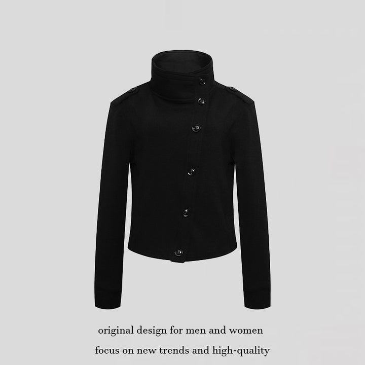 Damen Kurze Wolloptik-Militärjacke mit Stehkragen und asymmetrischer Knopfleiste Drune