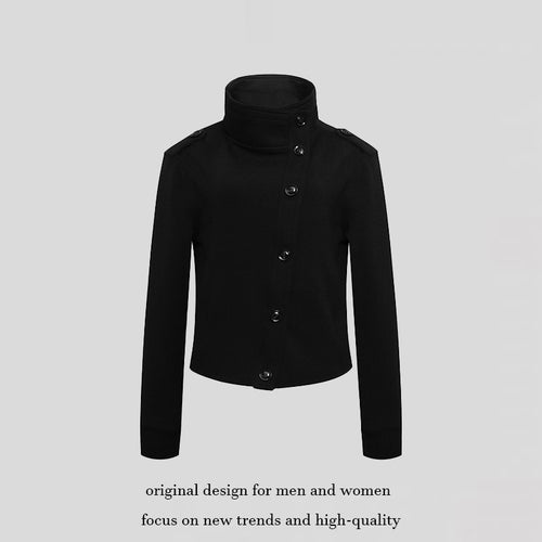 Damen Kurze Wolloptik-Militärjacke mit Stehkragen und asymmetrischer Knopfleiste Drune
