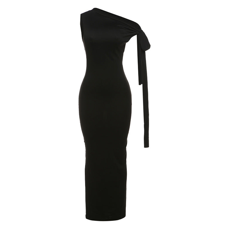 Damen Elegantes figurbetontes One-Shoulder-Maxikleid mit Schleife Drune