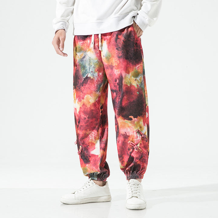 Herren Tie-Dye Baggy Jogginghose mit Tunnelzug, Gummibündchen und dekorativen Riemen Drune