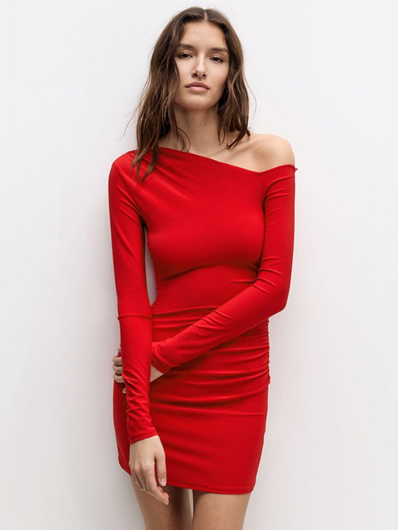 Damen Off-Shoulder Minikleid mit figurformendem Design und eleganter Raffung Drune
