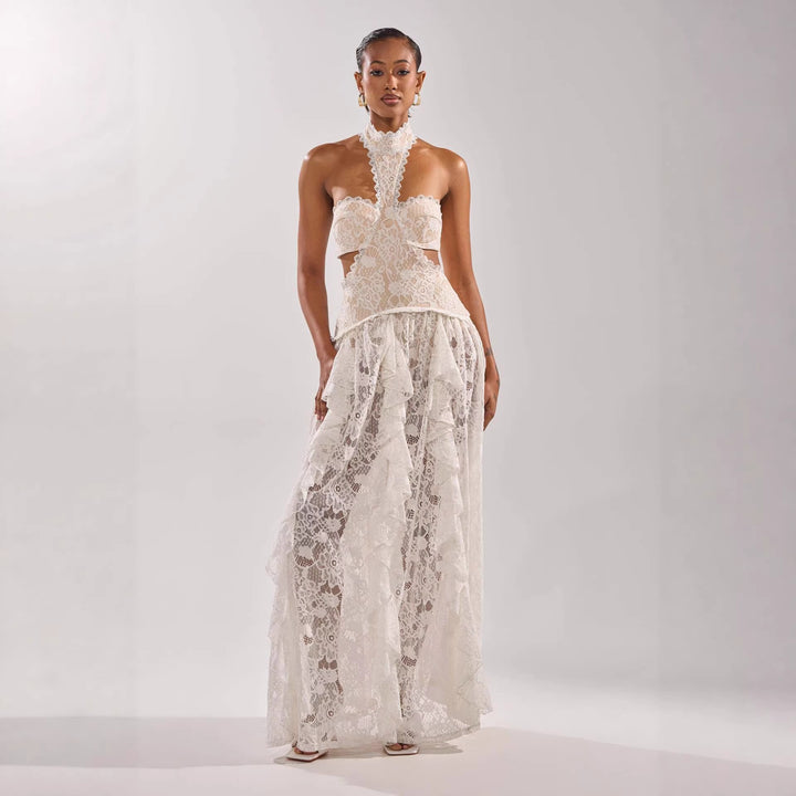Damen elegante Spitzentraumkleid mit hochgeschlossenem Kragen und fließendem Rock Drune