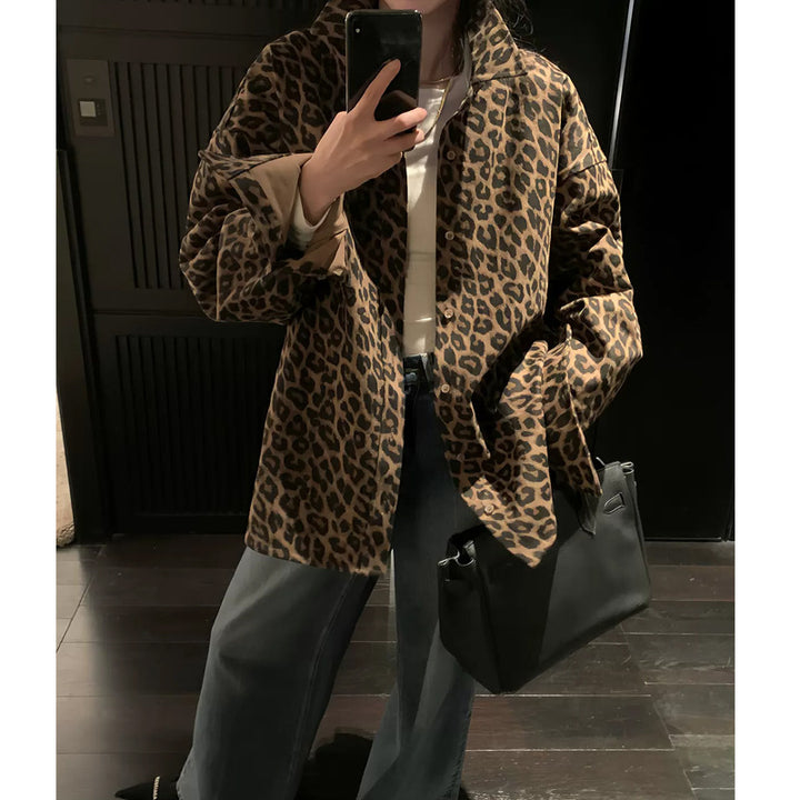 Damen Oversized Hemdjacke im modischen Leopardenmuster Drune