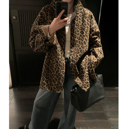 Damen Oversized Hemdjacke im modischen Leopardenmuster Drune
