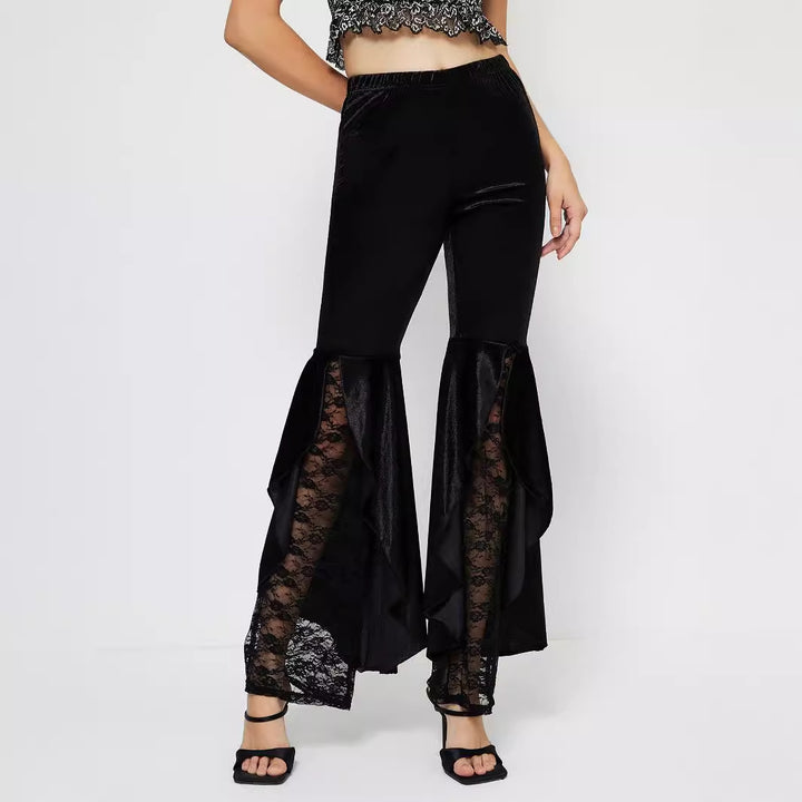 Damen elegante High-Waist Palazzo-Hose mit transparenten Spitzen-Einsätzen Drune