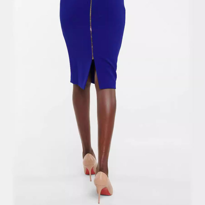 Damen Figurbetontes Midikleid mit Trompetenärmeln und Rundhalsausschnitt Drune