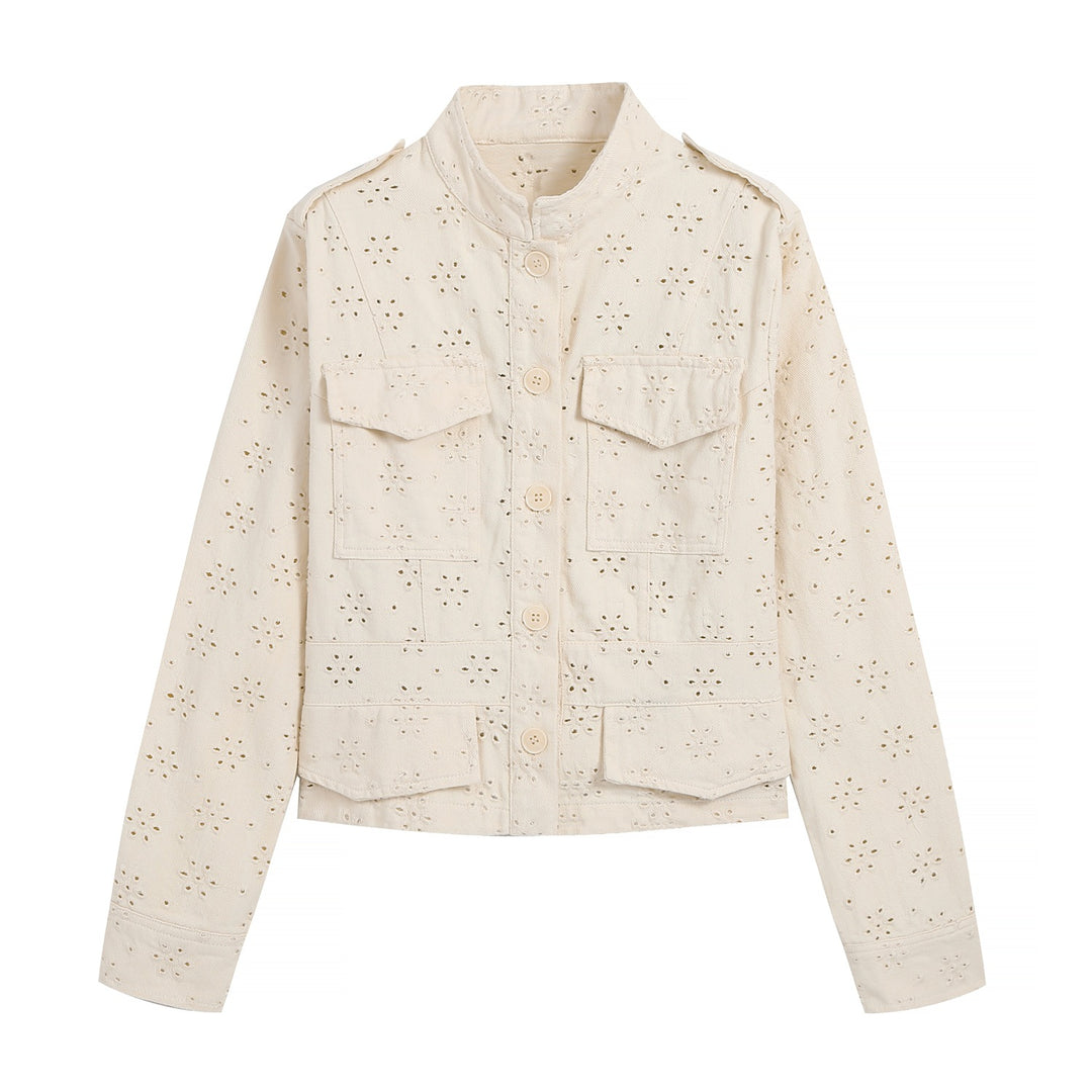 Damen Kurz geschnittene Broderie-Anglaise Feldjacke mit Pattentaschen Drune