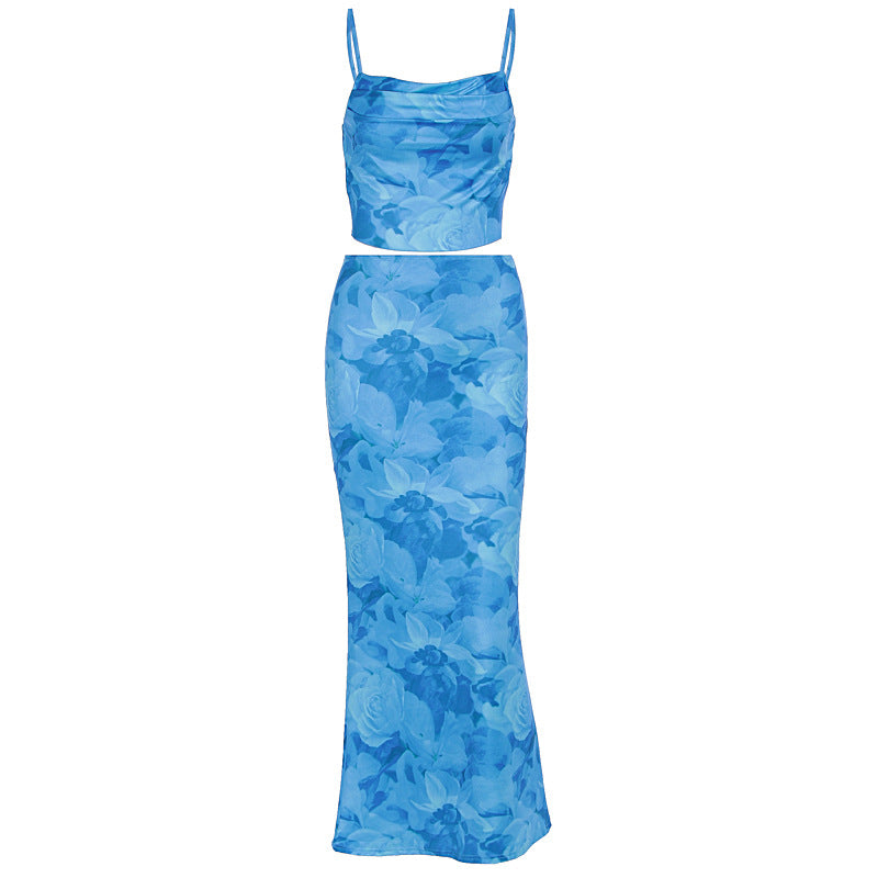 Damen elegante Kombination aus Crop-Top und Maxirock mit raffinierten Rüschen Drune