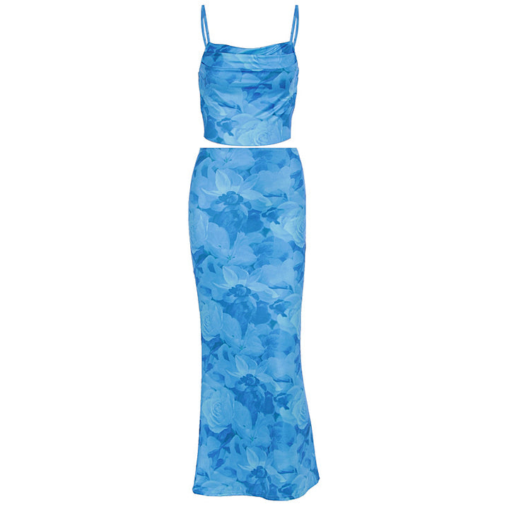 Damen elegante Kombination aus Crop-Top und Maxirock mit raffinierten Rüschen Drune