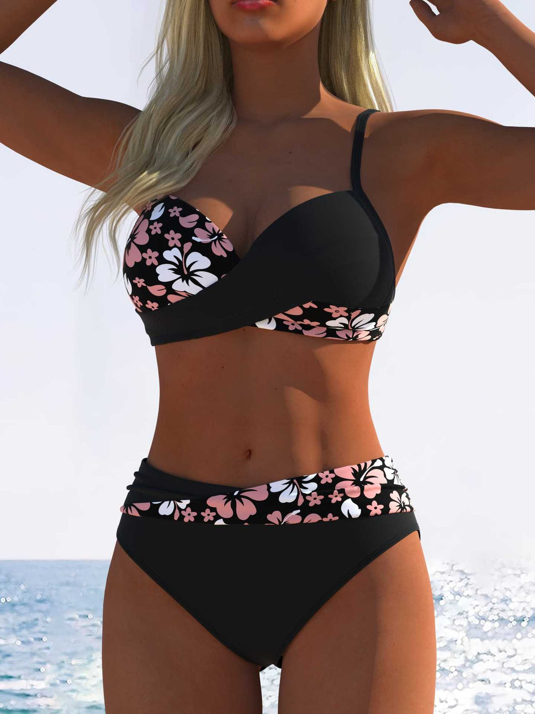 Damen Bikini-Set mit floralem Wickelmuster und bequemen High-Waist-Höschen Drune