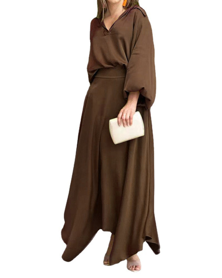 Damen Elegantes Maxikleid mit Kapuzen‑V‑Ausschnitt, Ballonärmeln und fließendem Saum Drune