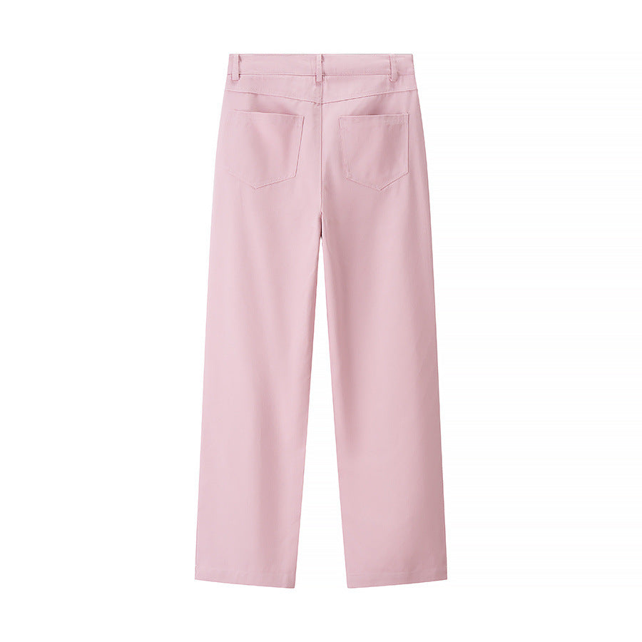 Damen nan hochtaillierte Straight‑Leg Hose mit Diamant‑Perforation und Eingrifftaschen Drune