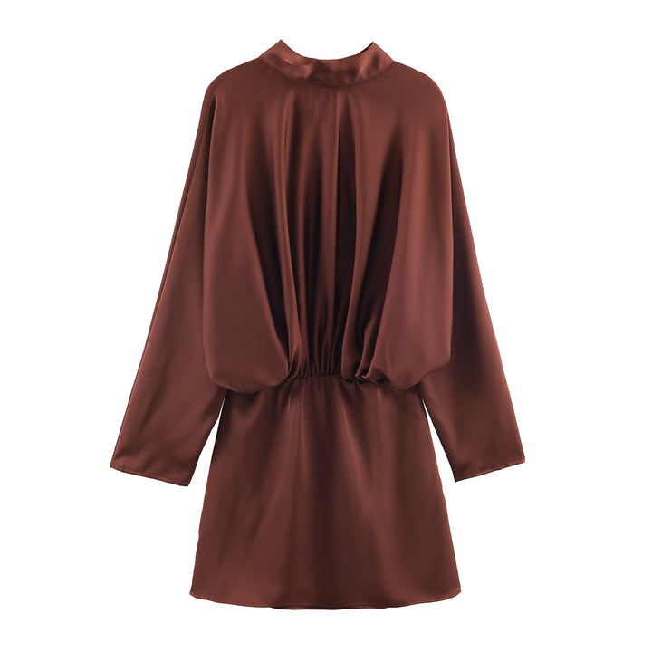 Damen nan elegantes Satin-Minikleid mit Schleifenkragen, Ballonärmeln und elastischer Taille Drune