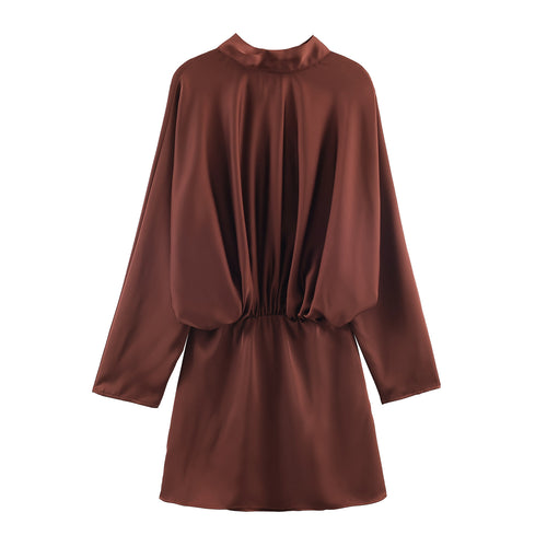 Damen nan elegantes Satin-Minikleid mit Schleifenkragen, Ballonärmeln und elastischer Taille Drune