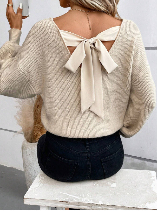 Damen Strickpullover mit tiefem V-Ausschnitt und dekorativem Schleifen-Detail Drune