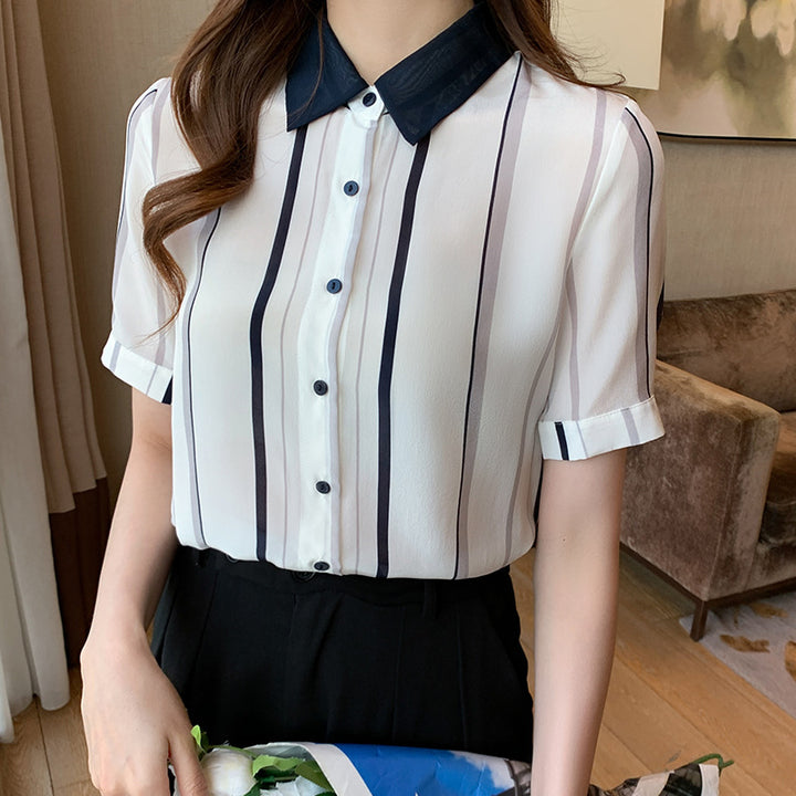 Damen Kurzarm Bluse mit eleganter Streifenmusterung und klassischem Kragen Drune