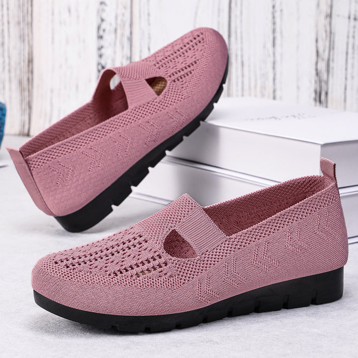 Damen nan gestrickter Slip-On Ballerina-Slipper mit elastischem Mary-Jane-Riemen und gedämpfter Keilsohle Drune
