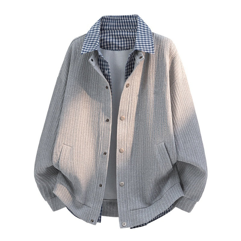 Herren lässige Strick-Überhemdjacke mit kariertem Hemdkragen und Druckknopfblende Drune