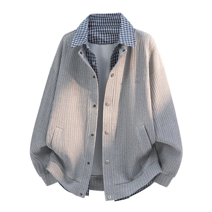Herren lässige Strick-Überhemdjacke mit kariertem Hemdkragen und Druckknopfblende Drune