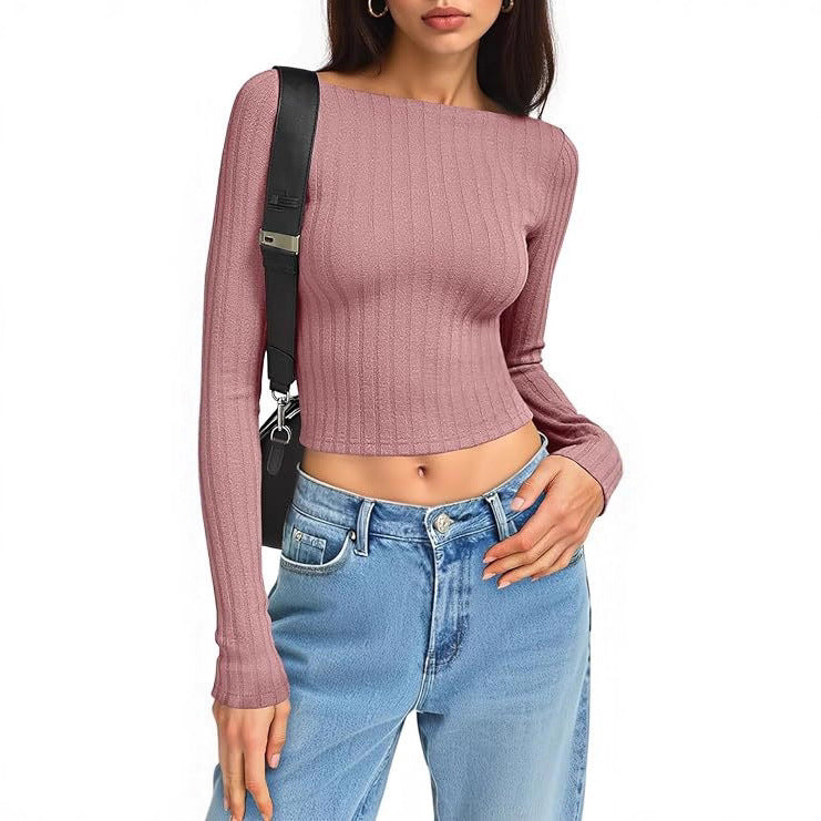 Damen Tailliertes Ripp-Cropped-Longsleeve mit U-Boot-Ausschnitt und Stretch-Baumwollmix Drune