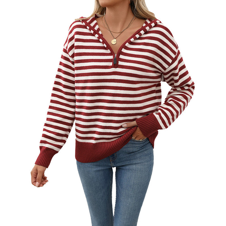 Damen Modischer Strickpullover mit Kapuze und halbem Reißverschluss Drune