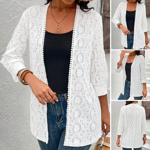 Damen nan leichte Spitzenjacke mit offenem Schnitt, dreiviertelärmeln und gehäkelter Borte Drune