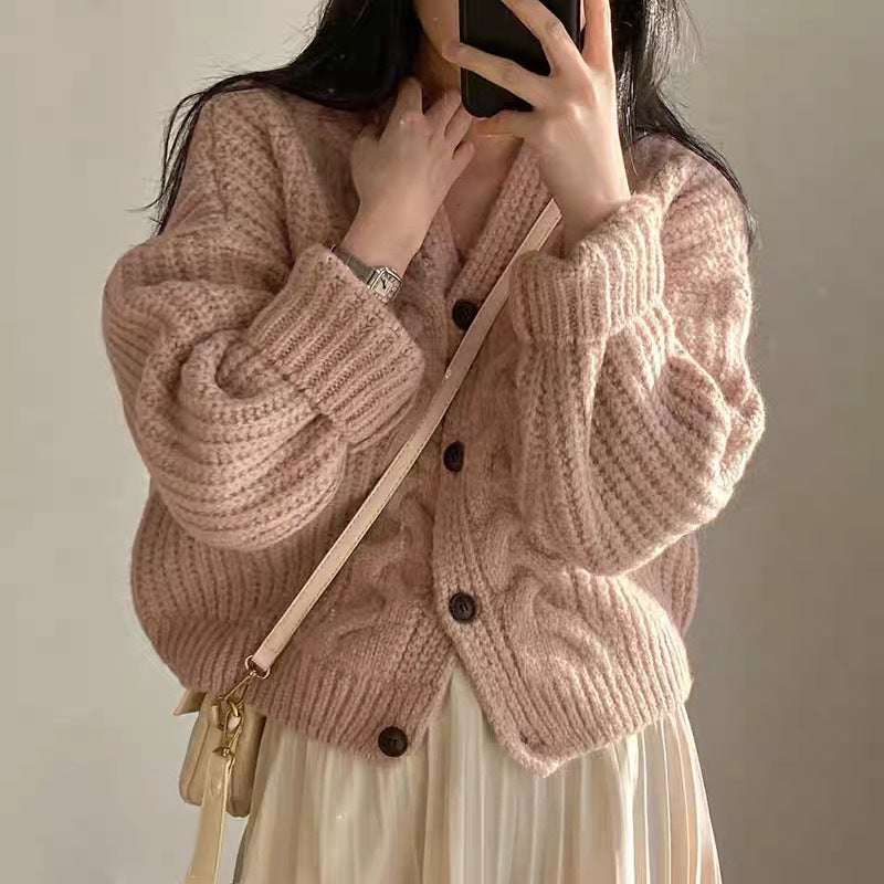 Damen kuschelige Strickjacke mit Zopfmuster und elastischen Ärmeln Drune