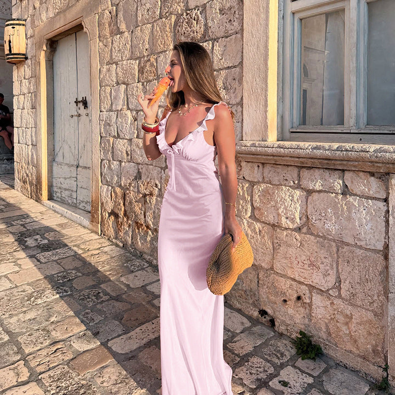 Damen Maxikleid mit Rüschendetails und Kordelzug Drune