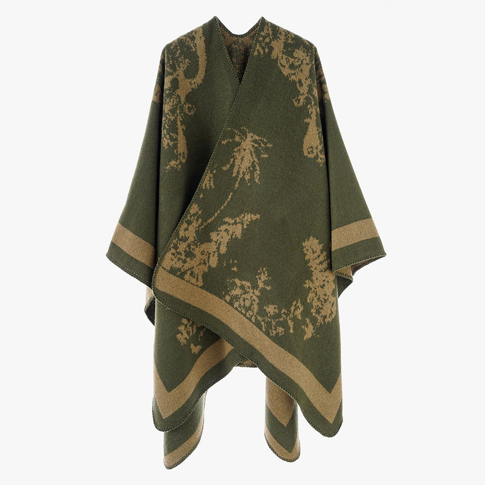 Damen Oversize-Jacquard-Cape aus Wollmix mit abstraktem Blumenmuster Drune