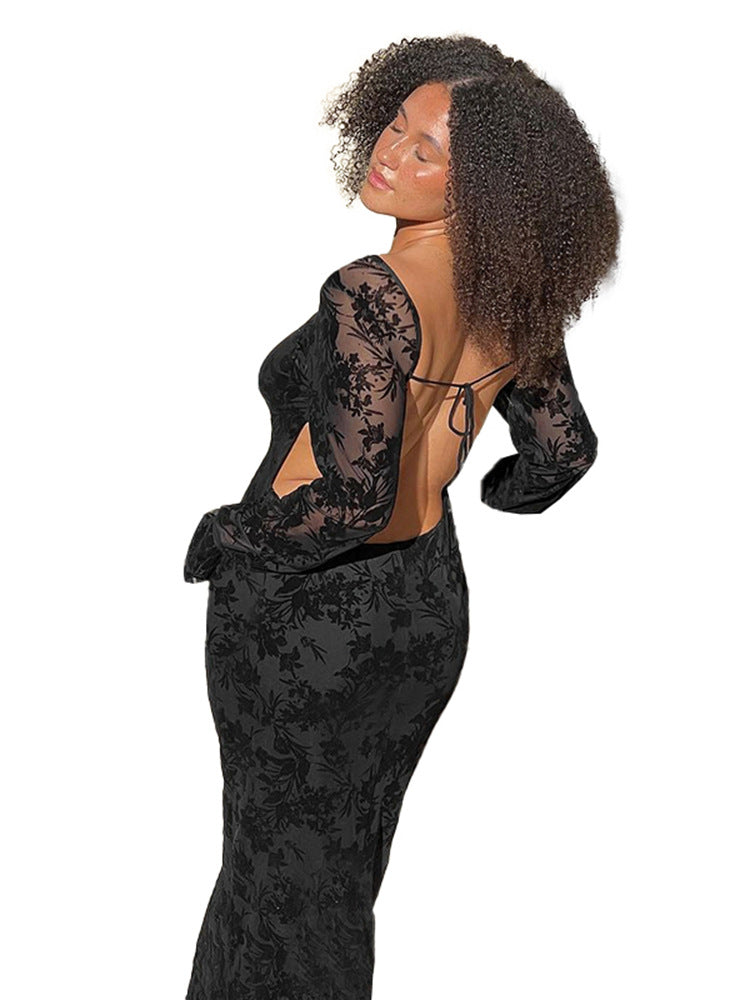 Damen Elegantes Maxikleid mit floralem Strukturdesign und langen Ärmeln Drune