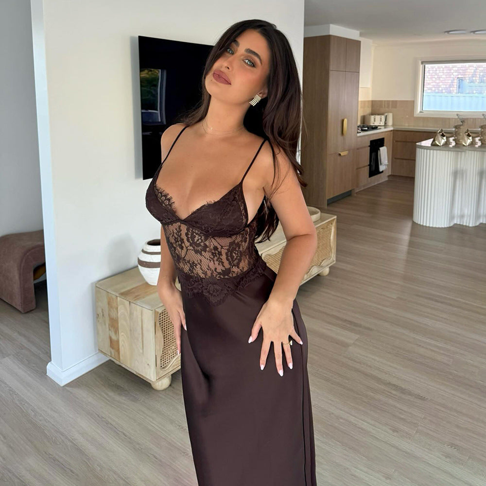 Damen Elegantes und figurbetontes Kleid mit Spitzenoberteil Drune