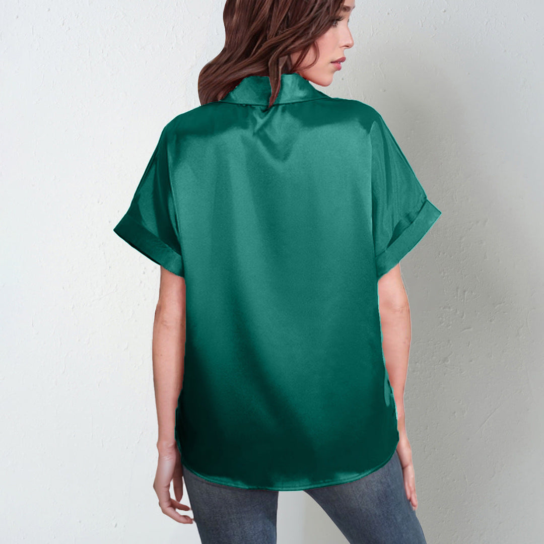 Damen Satin-Bluse mit großem Kragen und überschnittenen Schultern Drune