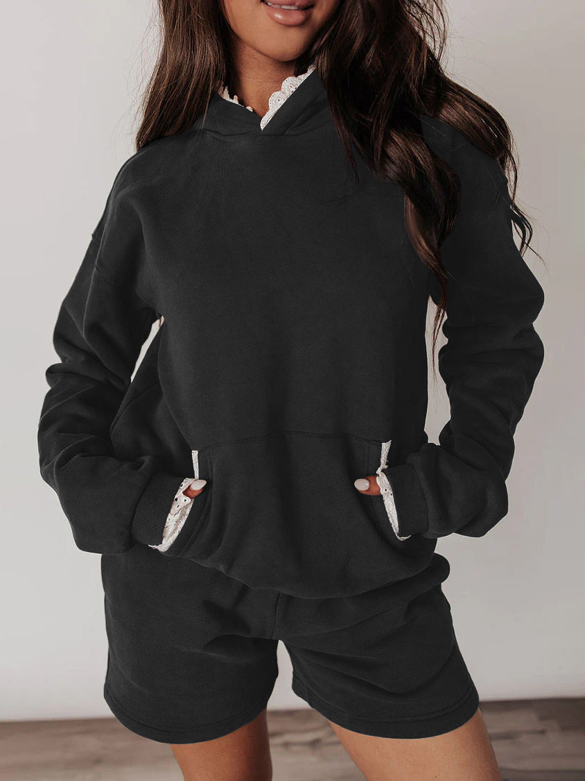 Damen Lässiges Hoodie-Set mit dekorativem Spitzensaum Drune