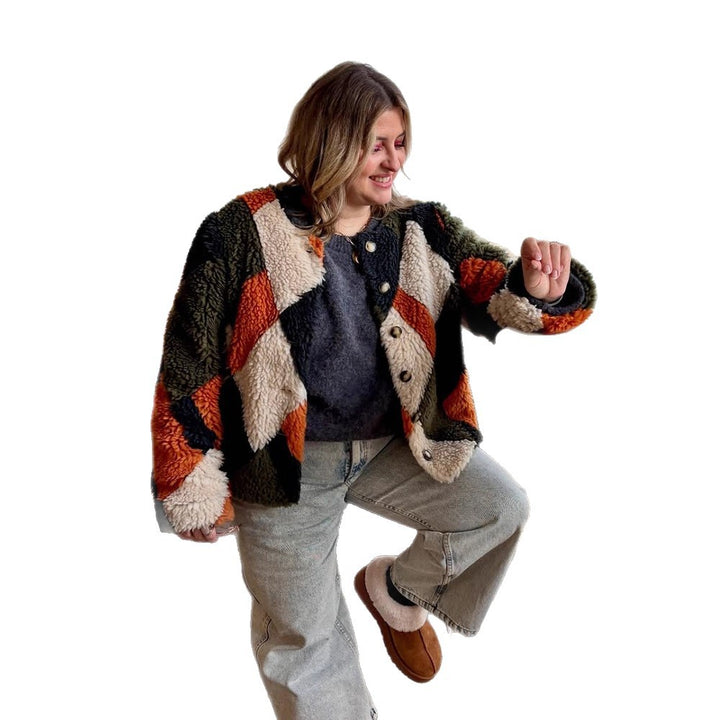 Damen Kurz geschnittene Patchwork‑Teddyjacke mit strukturierter Schlingenfaser und Druckknopfleiste Drune