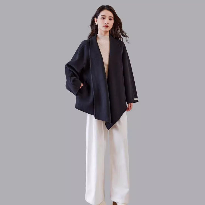 Damen Oversize-Mantel aus Wollmix mit offenem Schalkragen und asymmetrischem Saum Drune