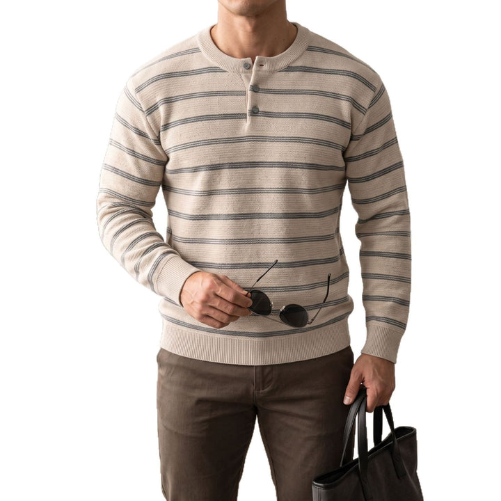 Herren Henley‑Strickpullover mit feiner Struktur und horizontalen Streifen Drune
