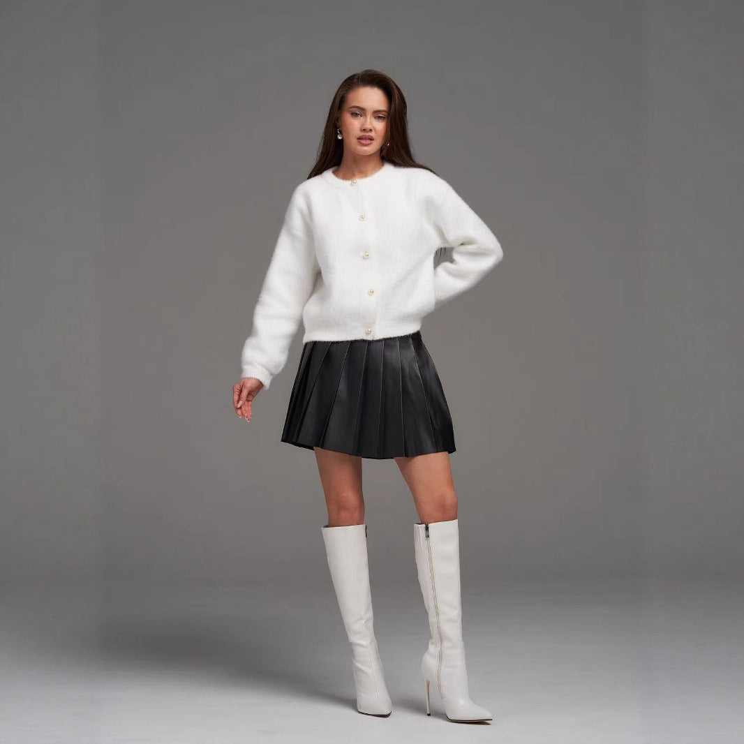Damen Elegante Flauschige Strickjacke mit Perlenknöpfen Drune