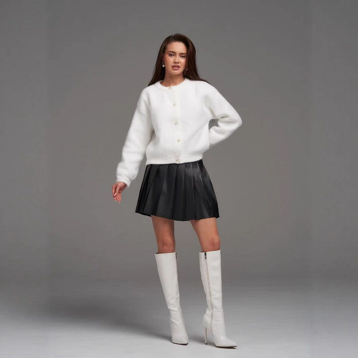 Damen Elegante Flauschige Strickjacke mit Perlenknöpfen Drune