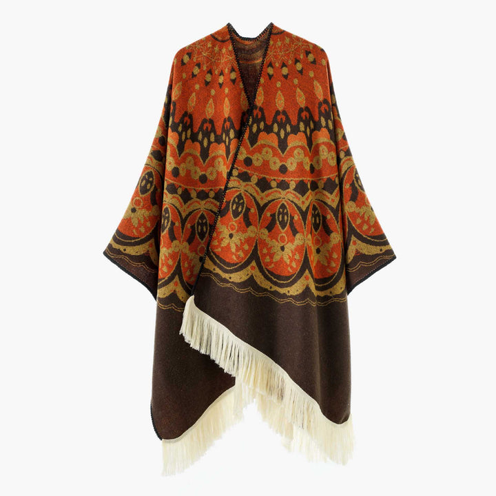 Damen Gewebter Jacquard-Poncho mit V-Ausschnitt, Ethno‑Print und Fransen Drune